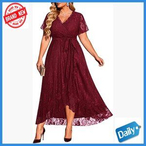 Plus Size Formal Lace High Low Wrap V Neck Maxi Dress Wedding Guest